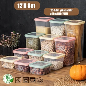 Forb 1036 12 Li Etiketli Renkli Kapaklı Gıda Erzak Saklama Kabı Seti 3X(360-500-1100-1750)CC Şeffaf