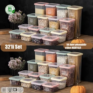 1034 Rainbow 32' li Etiketli Renkli Kapaklı Gıda Kavanoz Saklama Kabı Seti Erzak Kabı Organizer 8x( 360 cc + 500 cc + 1100 cc + 1750 cc)
