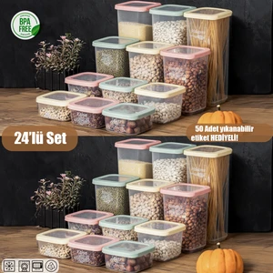 1036 Rainbow 24' lü Etiketli Renkli Kapaklı Gıda Kavanoz Saklama Kabı Seti Erzak Kabı Organizer 8x(500 cc + 1100 cc + 1750 cc)