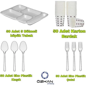 Özkan Ambalaj Temizlik 5 Gözlü Tabldot Köpük Tabak - Plastik Çatal - Plastik Kaşık - Karton Bardak 50 Li Eko Set