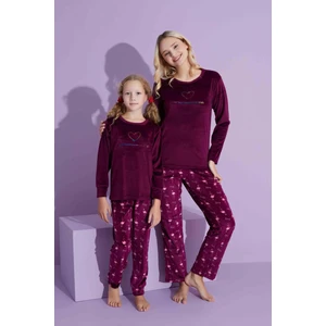 Yeni Sezon Trend Model Kadife Anne/kız Çocuk Pijama Takımı 2776-MÜRDÜM Flamingo