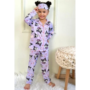 Kız Çocuk Kedi Desenli Lila Uzun Kollu Pijama Takımı