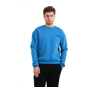 Bisiklet Yaka Nakışlı Şardonlu Içi Polarlı Mavi Erkek Sweatshirt - Volar