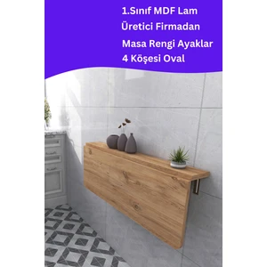 Kydonia Home Mdf Lam 4 Köşesi Oval Çam Ahşap Desenli Sabit Raflı Duvara Monte Kırma Katlanır Yemek Mutfak Masası