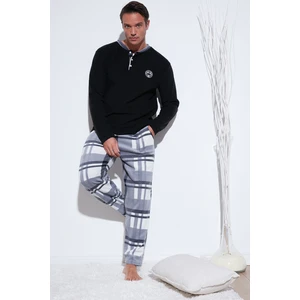 Ekoseli Regular Fit Düğmeli Bisiklet Yaka Kışlık Polar Pijama Takımı Erkek Pijama Takımı 60961008
