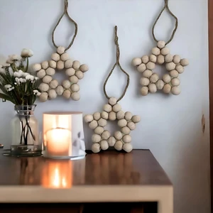 Dekoratif Ahşap Boncuklu 3'Lü Set Yıldız Mutfak Kahve Köşesi Salon Balkon Çocuk Bebek Odası Duvar Kapı Süsü