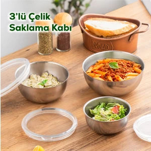 3 Adet Şeffaf Sızdırmaz Kapaklı Paslanmaz Çelik Saklama Kabı Seti