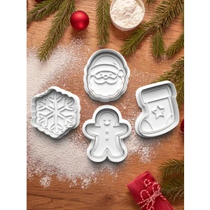 Noel Baba,gingerbread,kar ve Çorap Desenli 4'lü Kurabiye Kalıbı Kesici Hamur Şekillendirici Seti
