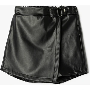 Şort Etek Deri Görünümlü Beli Lastikli Toka Detaylı