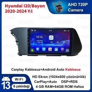 Hyundai I20 / Bayon (2020-2024 Yıl) Multimedya Android Sürüm 13 Kablosuz Carplay Navigasyon 10 Inç Ekran  4 GB RAM +64 GB Dahili Hafıza Çerçeve ve Arka Görüş Kamerası ile