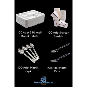 Özkan Ambalaj Temizlik 5 Gözlü Tabldot Köpük Tabak - Plastik Çatal,Kaşık-Karton Bardak