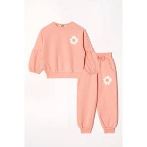 Bisiklet Yaka Uzun Kol Cıcek Desenlı Somon Renk Kız Çocuk Esofman Takım