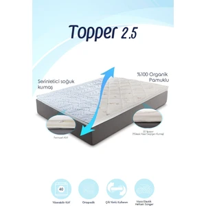 Topper 2.5 - Serinletici Soğuk & Organik Pamuk Kılıflı Visco Yatak Pedi - Soft %100 Visco Sünger