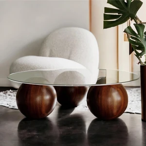 Velura Home & Living Modern Orta Sehpa & Cam Sehpa & Küre Sehpa & Top Sehpa - Yuvarlak Cam Ceviz