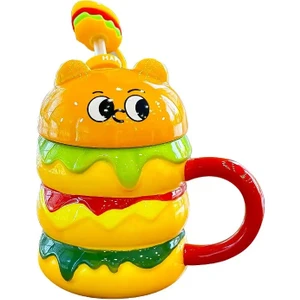 Sevimli Burger Pipetli Kapaklı Seramik Kupa Bardak 390 ML