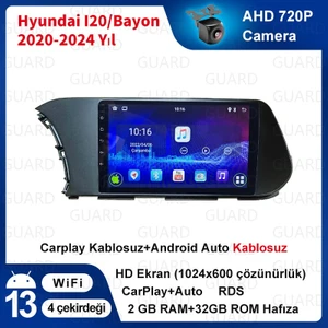 Hyundai I20 / Bayon (2020-2024 Yıl) Multimedya Android Sürüm 13 Kablosuz Carplay Navigasyon 10 Inç Ekran 2g Ram +32GB Hafıza Çerçeve ve Arka Görüş Kameras ile