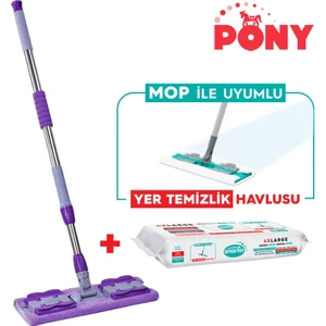 PONY Mandallı Mop + Yer Temizlik Havlusu Hediyeli Microfiber Yüzey Set Paspas Duvar Cam Kıskaçlı Klipsli