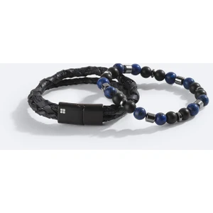 Erkek Lacivert Deri Ceyt Ve Hematit Taşlı Bileklik A42y9620