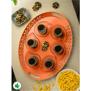 Lalin Tepsi Metal Oval Servis Tepsisi Turuncu, Romantik Tepsi, Büyük Tepsi,çay Kahve Tepsisi