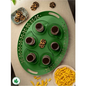 Lalin Tepsi Metal Oval Servis Tepsisi Yeşil, Romantik Tepsi, Büyük Tepsi,çay Kahve Tepsisi