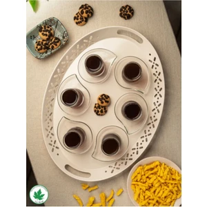 Lalin Tepsi Metal Oval Servis Tepsisi Krem, Romantik Tepsi, Büyük Tepsi,çay Kahve Tepsisi