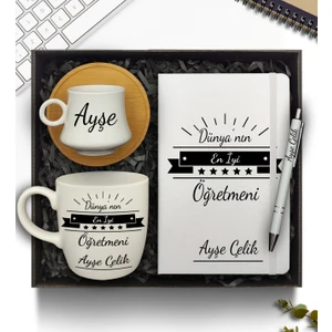 Öğretmenler Günü Temalı Kişiye Özel Defter & Bambu Tabaklı Fincan & Beyaz Kupa & Kalem