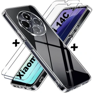 M.TK Moveteck Xiaomi Redmi 14C Kılıf Kamera Çıkıntılı Korumalı Yumuşak Şeffaf Silikon + 9h Ekran Koruyucu Cam Set