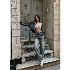 Trend Yüksek Bel Baggy Palazzo Pantalon Mavi Yeşil