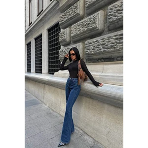 Trend Yüksek Bel Baggy Palazzo Ispanyol Paça Pantalon Koyu Mavi