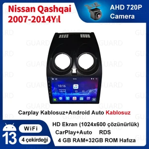 Nissan Qashqai 2007-2014 Yıl Android Sürüm 13 Kablosuz Carplay Navigasyon Multimedya 9 Inç Ekran 4G Ram + 32GB Hafıza Çerçeveli ve arka görüş kameralı