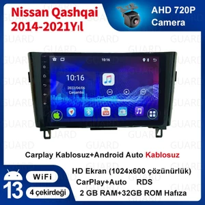 Nissan Qashqai 2014-2021 Yıl Android Sürüm 13 Kablosuz Carplay Navigasyon Multimedya 10 Inç Ekran 2Gb Ram 32Gb Rom Çerçeveli ve arka görüş kameralı