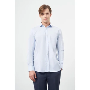 Koyu Mavi Uzun Kol Kazayağı Desen Yarım İtalyan Cepli Classic Comfort Fit Gömlek 1004245189