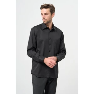 Siyah Uzun Kol Düz Sert Yaka Pamuklu Classic Comfort Fit Gömlek 1004245269