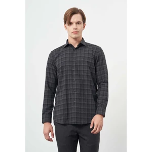 Siyah Uzun Kol Ekose Desen Gabardin Sert Yaka Cepli Pamuklu Classic Comfort Fit Gömlek 1004245169