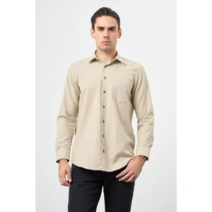 Açık Bej Uzun Kol Düz Gabardin Sert Yaka Cepli Pamuklu Classic Comfort Fit Gömlek 1004245168