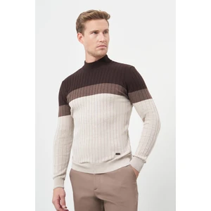 Açık Bej Uzun Kol Kendinden Desenli Örme Yarım Balıkçı Yaka Classic Slim Fit Triko 1012245154