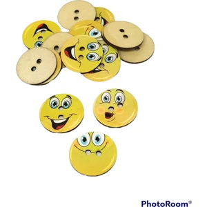20 Adet 25 Mm Yuvarlak Ahşap Emoji Düğme Ahşap Gülenyüz Düğme