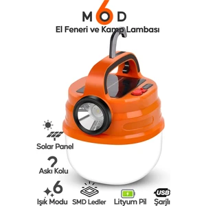 6 Modlu El Feneri ve Kamp Lambası USB & Solar Şarjlı Smd LED Askılı Taşınabilir Işık
