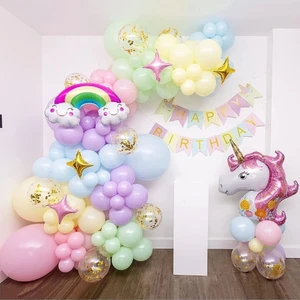 Papatya Süs Evi Unicorn Temalı Gökkuşağı Konsepti Makaron Balon Doğum Günü Parti Kutlama Seti Doğum Günü Süsü