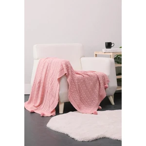 Biocotton Triko Ponponlu Örgü Tv Battaniyesi - Pudra