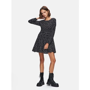 Kadın  Puantiyeli Geniş Yaka Uzun Kollu Dokuma Siyah Elbise