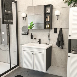 Yıldız Elegance Panjur Kapaklı | Aynalı | Lavabolu | Askılı | Banyo Lavabo Dolabı Seti | Antrasit - Beyaz