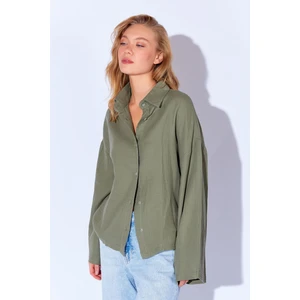 Haki Kolları Salaş Yıkamalı Müslin Oversize Rahat Kalıp Kadın Basic Gömlek| Mks166881-01-6881