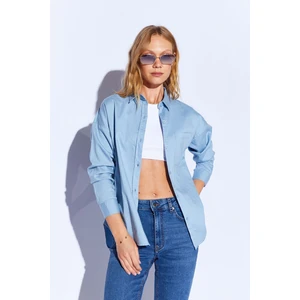 Mavi Oversize Tek Cepli Gabardin Rahat Kesim Soft Dokulu Pamuk Kadın Gömlek - 8174