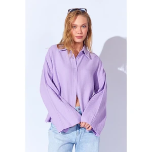 Lila Kolları Salaş Yıkamalı Müslin Oversize Rahat Kalıp Kadın Basic Gömlek| Mks166881-01-6881