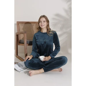 Trade Bazaar Bisiklet Yaka Bilek Lastikli/Manşetli Kadife Kışlık Uzun Kol Pijama Takımı