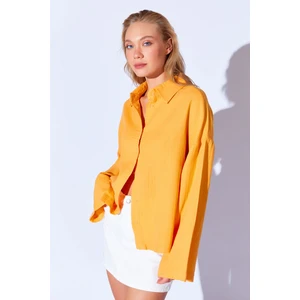Oranj Kolları Salaş Yıkamalı Müslin Oversize Rahat Kalıp Kadın Basic Gömlek| MKS166881-01-6881