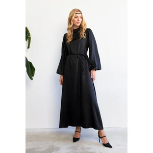 Balon Kol Saten Abiye Elbise - Siyah