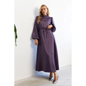 Balon Kol Saten Abiye Elbise - Leylak