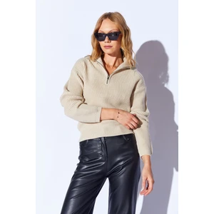 Taş Pamuklu Soft Doku Fermuarlı Yarım Balıkcı Yaka  Kadın Kazak | EK100539429